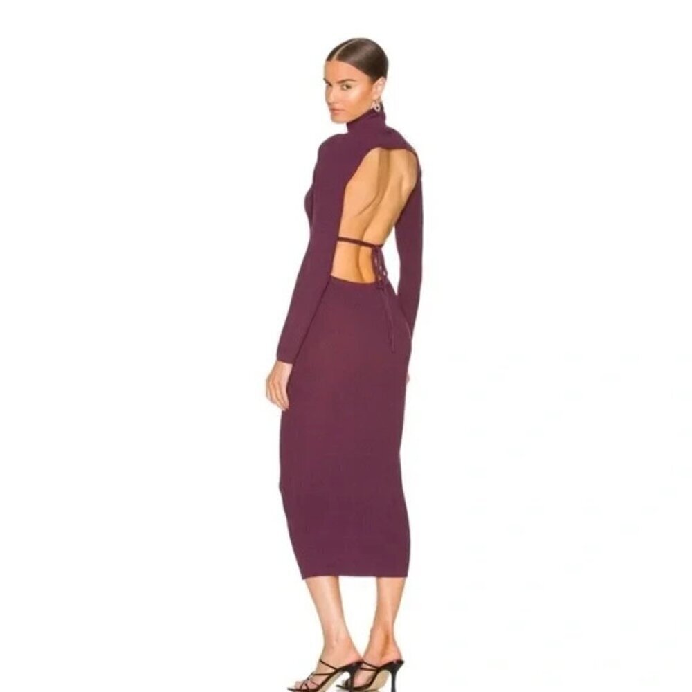 Bardot Santi Backless Sweater Dress Midi Long Sleeve Burgundy Rib Knit size US 8 - Picture 3 of 10